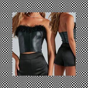 Windsor Marabou Feather Faux Leather Corset Top Strapless Womens L Rocker Edgy